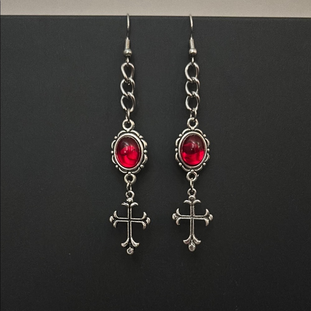 Silver Cross Dangle Earrings with Red Gem
